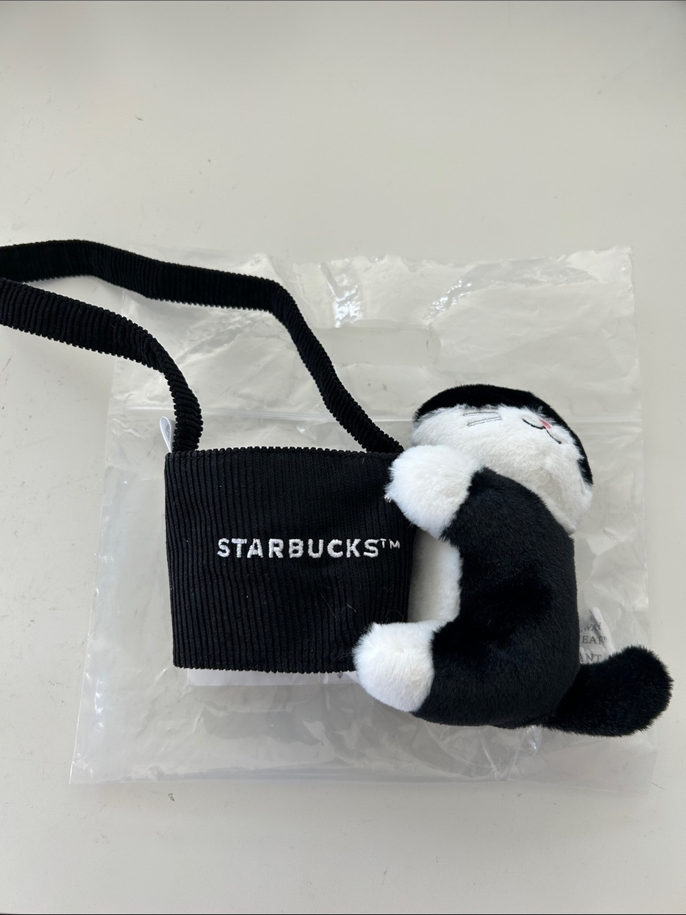 Starbucks Black & White Cat Plush Crossbody drink carrier